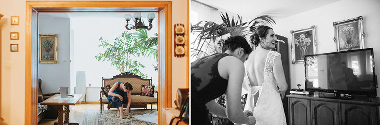 świadkowa zapina sukienkę pannie młodej 