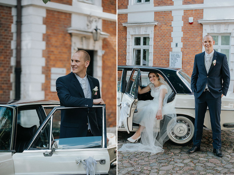 sesja nowożeńców w samochodzie na tle endorfina Foksal 