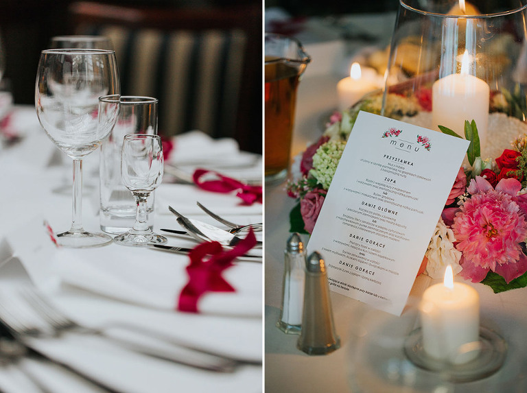 kieliszek do wina oraz menu na stole weselnym 