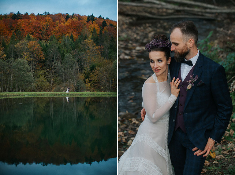 zdjęcie pary młodej na tle jeziora w Bieszczadach 