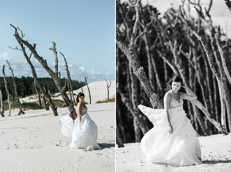 kobiecy portret nad morzem wśród martwego lasu w Łebie