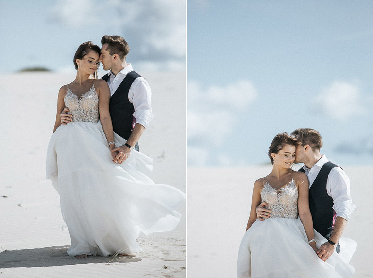 przytulona para podczas sesji ślubnej na wydmach w Łebie 