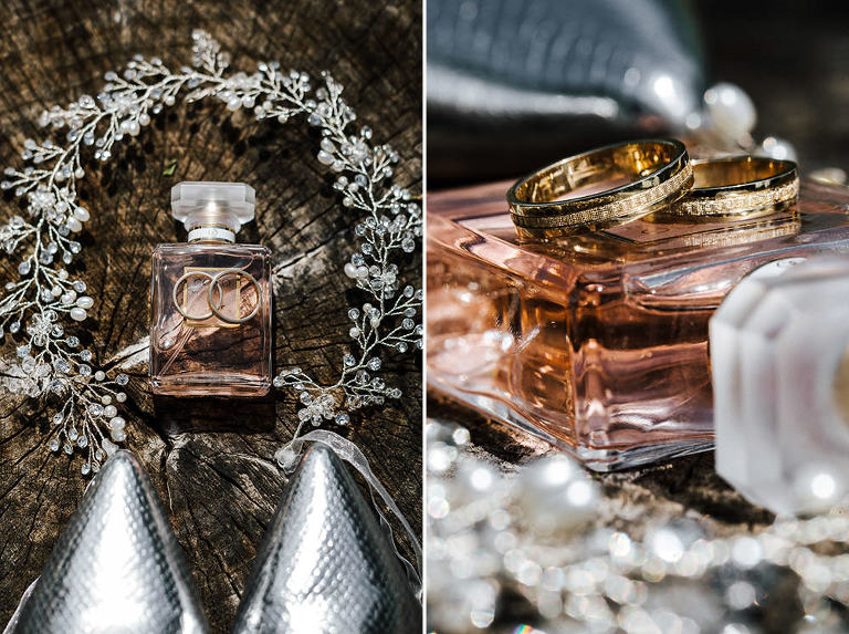 detale ślubne obrączki na flakonie perfum