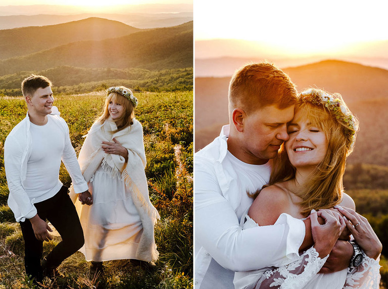 sesja narzeczeńska na tle wschodzącego słońca w Bieszczadach