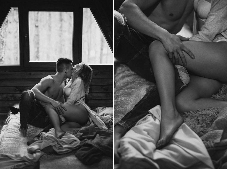 przytulona para podczas intymnej sesji narzeczeńskiej