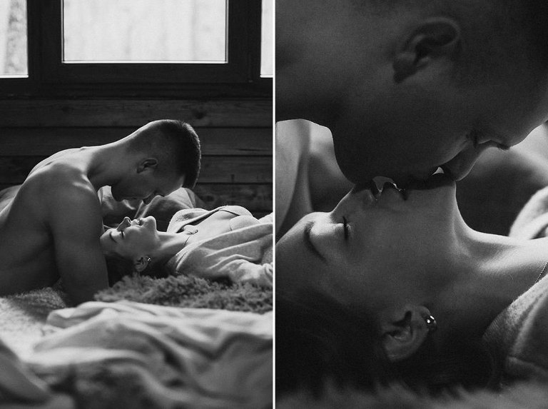 pocałunek podczas intymnej sesji zakochanych