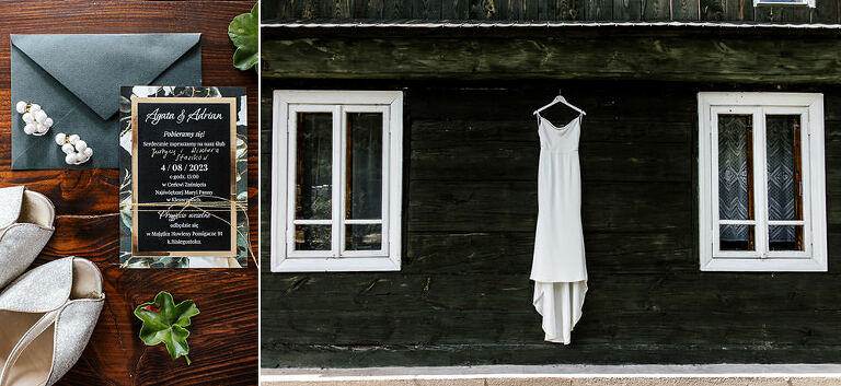 suknia ślubna wisząca na starym domu Podlasie 