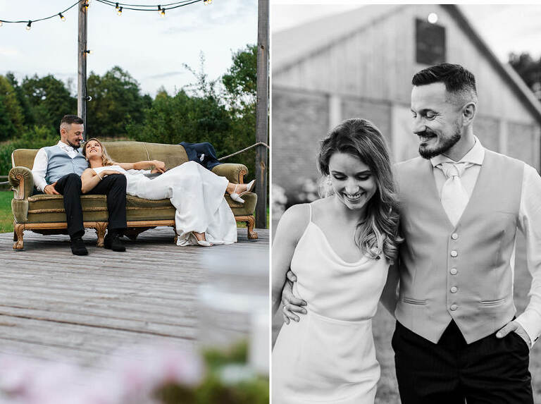 wesele majątek howieny sesja pary młodej przed stodołą